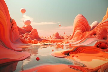A surreal and abstract landscape with mysterious shapes and forms, featuring a vibrant color palette