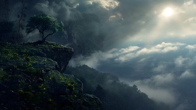 Fantastical landscape with tree on misty cliff - A surreal fantasy landscape of a lone tree on a cliff, enveloped in mist, with a celestial light shining through