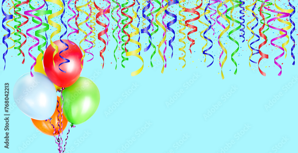 Aufkleber Blue background with balloons and different colored confetti and streamers for party time. Empty space for text