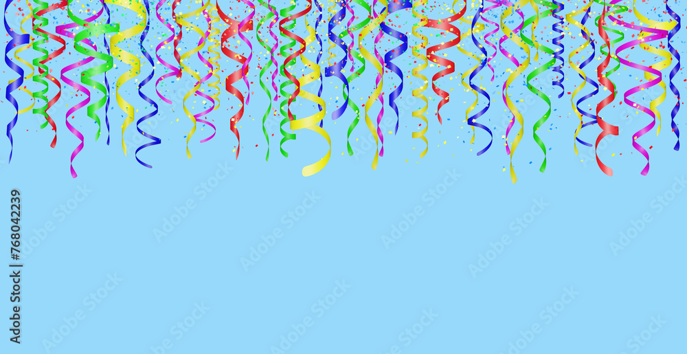 Poster Falling confetti and curly colorful shiny streamer on white background. Empty space for text