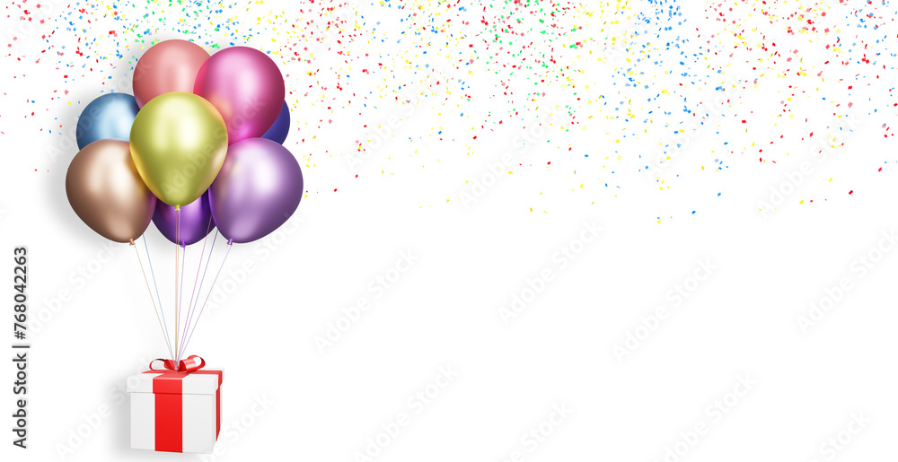 Aufkleber Flying gift box with multicolored shiny balloons on yellow background with confetti. 3d rendering. Empty space for text