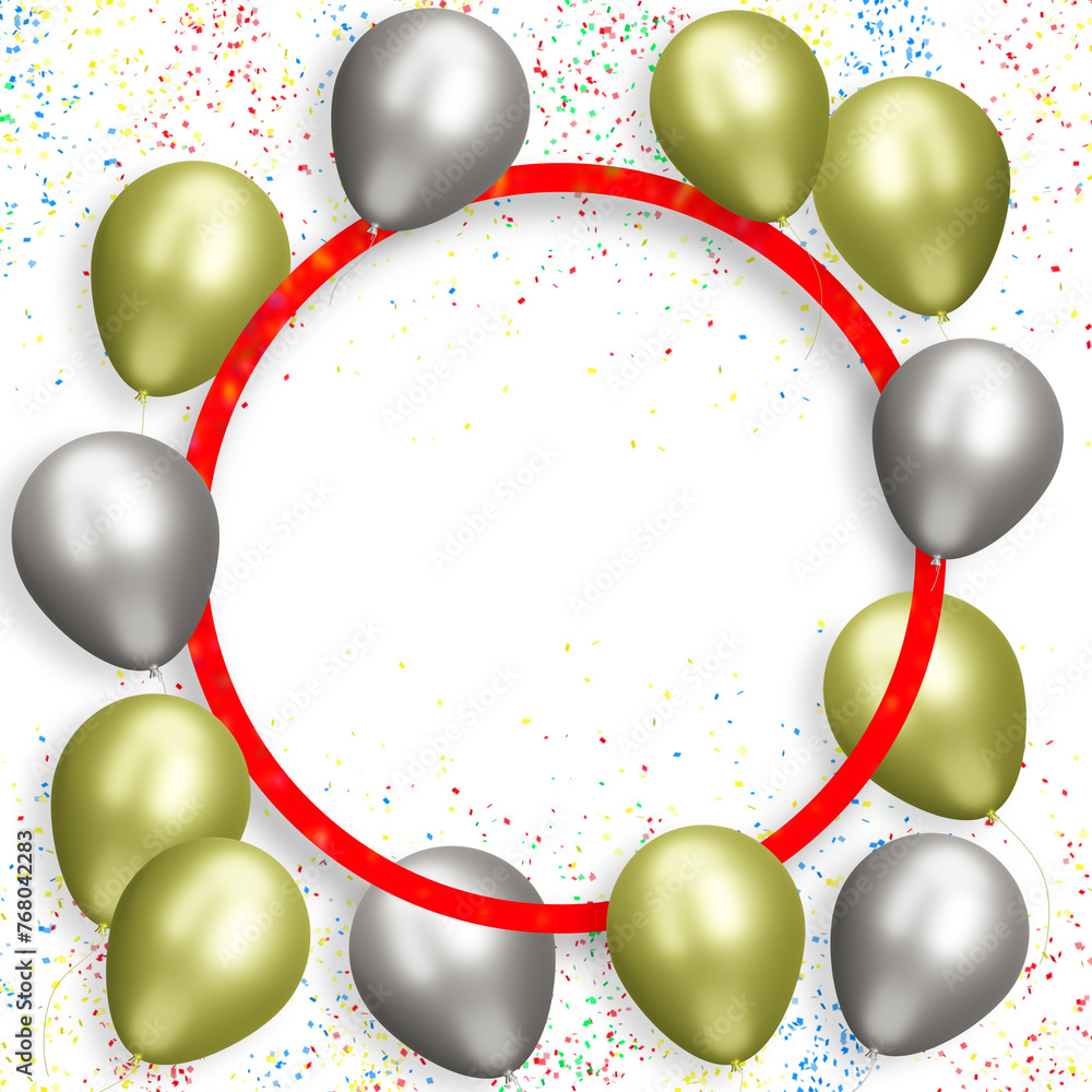 Aufkleber Red frame with gold and silver balloons on white background with confetti. Empty space for text. 3d rendering