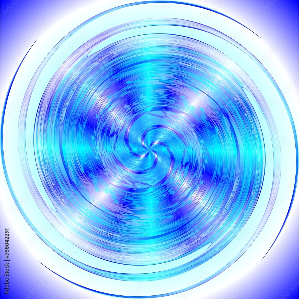 Poster vortex and rays with blue, white and neon turquoise colors - computer graphic with effect of depth o