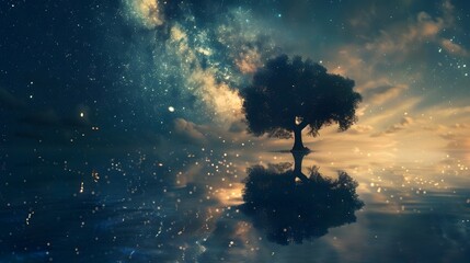Lone tree on floating island under starry night sky - A dreamlike vista showing a solitary tree on a floating island, set against a background of a starry night sky - obrazy, fototapety, plakaty