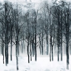 A snowstorm raging through a forest of bare trees