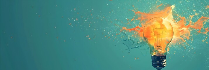 Exploding light bulb with splashing liquid effect - Conceptual image of a light bulb exploding with bright orange liquid splashes against a turquoise background - obrazy, fototapety, plakaty
