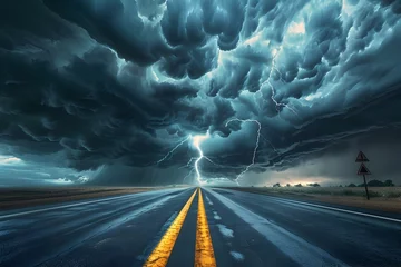 Foto op Canvas Dramatic storm with lightning over highway - A captivating landscape showcasing a menacing storm with dramatic clouds and lightning strikes above a desolate highway © Mickey