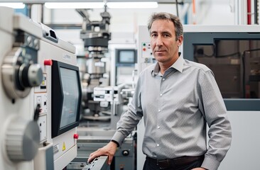 A middle-aged man in business casual attire stands next to an advanced AI laser CNC machine