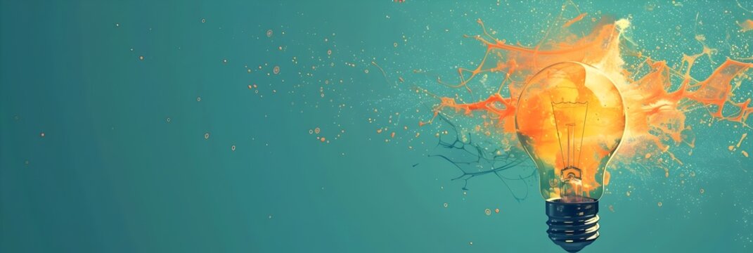 Exploding light bulb with splashing liquid effect - Conceptual image of a light bulb exploding with bright orange liquid splashes against a turquoise background