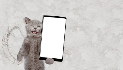 Happy cat making snow angel while lying on snow and holding smartphone with white blank screen in...