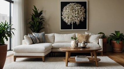 living room interior,A living room with a white couch, a coffee table, and multiple potted plants.
