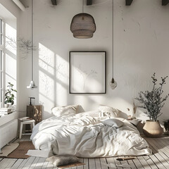 Scandinavian interior design of modern bedroom. 3d render.