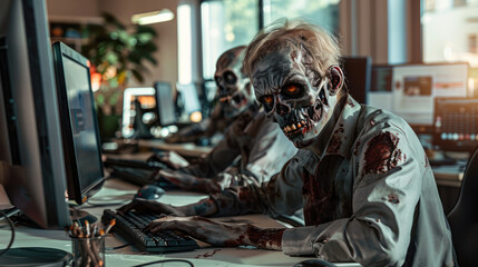 Zombie employees at computers in the office - obrazy, fototapety, plakaty