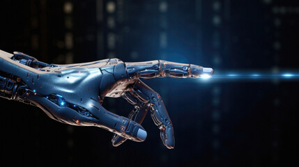 Robot hand touching virtual screen elements of this image furnished by NASA - obrazy, fototapety, plakaty