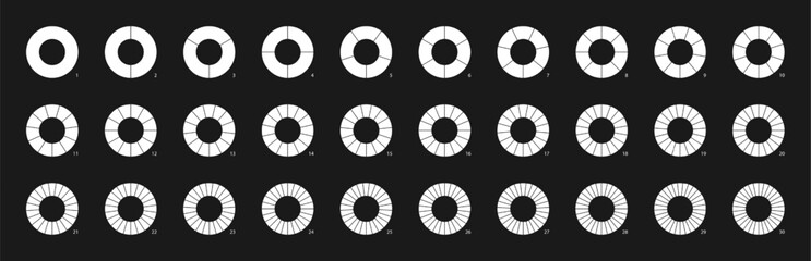 Donut chart diagram on black background. Simple line ring or circle divided into sectors. Set of infographic templates for parts of whole data presentation
