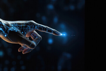Hand of man touching with finger digital hologram screen .