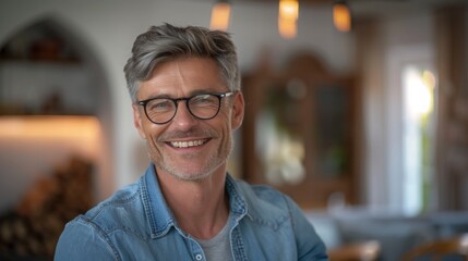 Obraz premium A cheerful man wearing glasses and a casual denim shirt, smiling warmly in a cozy indoor setting with natural light enhancing the ambiance.