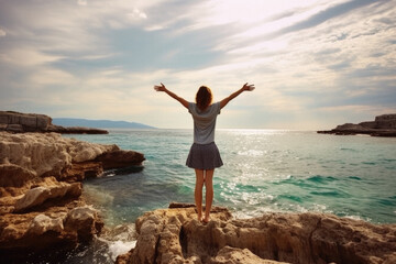 Happy woman standing on rock and looking at sea. Freedom concept.