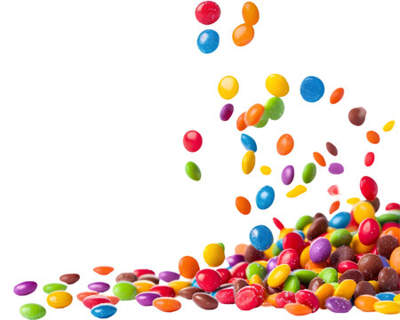 Colorful rainbow candies falling on white transparent background