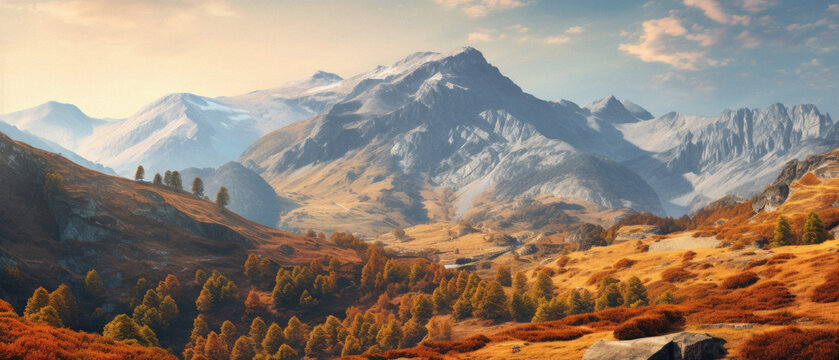 Panoramic view of beautiful autumn alpine landscape with snow capped mountains.