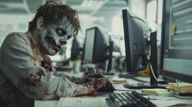 Zombie employees at computers in the office