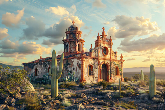 mexican church with cactus in the sunset desert
