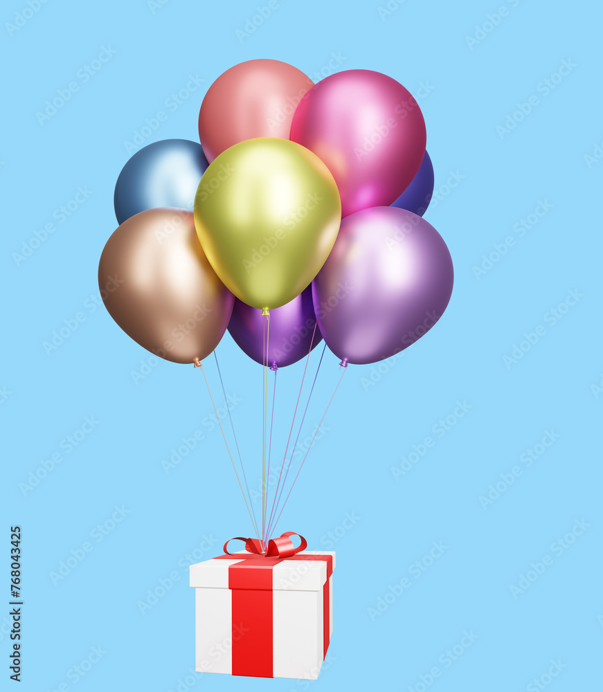 Poster flying gift box with multicolored balloons on blue background. 3d rendering