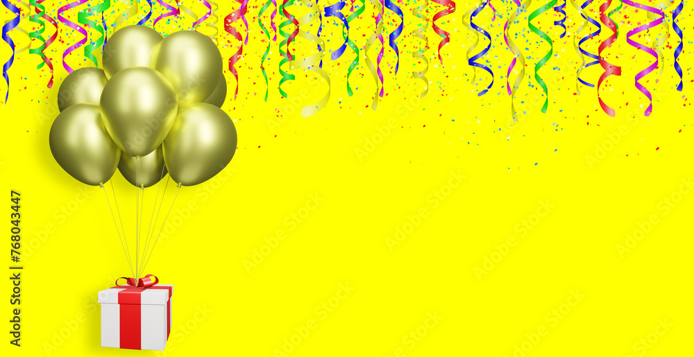 Aufkleber flying gift box with golden or yellow balloons on yellow background with curly ribbon. Empty space for text. 3d rendering