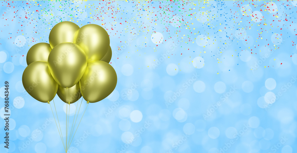 Aufkleber Bunch of gold balloons on blurred blue background with confetti. Empty space for text. 3d rendering