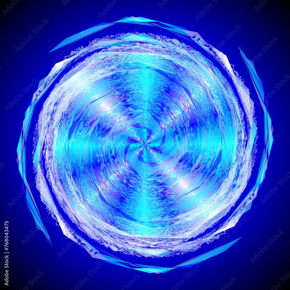 Poster Vortex and rays with blue, white and neon turquoise colors on black background - computer graphic with effect of depth of space, motion and rotation. Topics: texture, pattern, computer art