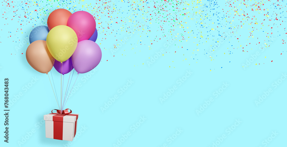 Poster Flying gift box with multicolored balloons on blue background with confetti. Empty space for text. 3d rendering
