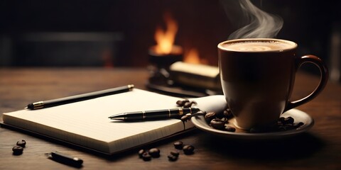 Cup of Coffee with Notebook and Pen for Work or Study Session