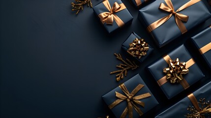 Black background with golden gift boxes and ribbons, black Christmas themed background for holiday sales or advertising