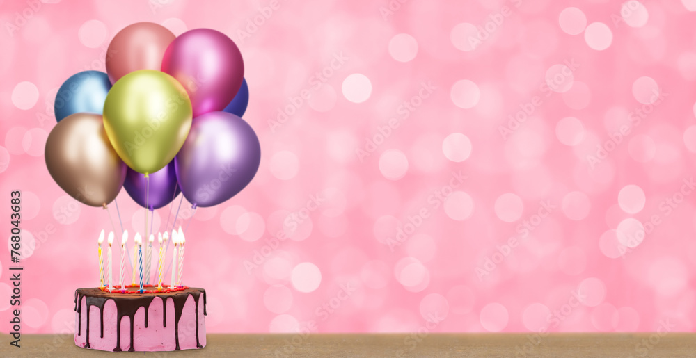 Aufkleber birthday cake with bunch of colorful balloons on blurred pink background. empty space for text. 3d r