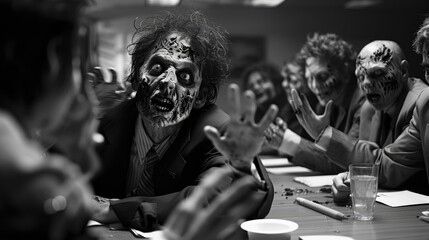 Meeting room where the zombie delegation cannot reach an agreement. - obrazy, fototapety, plakaty