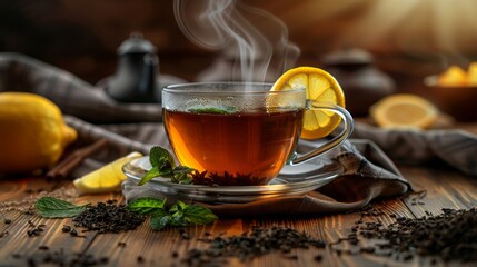 A clear glass cup of tea infused with lemon and mint leaves, steaming on a wooden table surrounded by loose tea leaves and a slice of lemon.