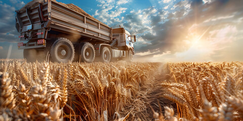 A Field of Wheat with a Blue Sky and Clouds ,combine harvester working on field
