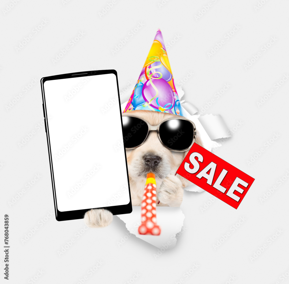 Poster golden retriever puppy wearing party cap shows big smartphone with white blank screen in it paw and 