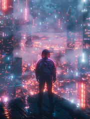 Cyberpunk Hacker, Neon Jacket, Digital explorer, lost in a futuristic cityscape, admiring the mixture of artificial and organic structures, under a shimmering digital sky, - obrazy, fototapety, plakaty