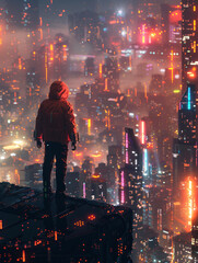Cyberpunk Hacker, Neon Jacket, Digital explorer, lost in a futuristic cityscape, admiring the mixture of artificial and organic structures, under a shimmering digital sky, - obrazy, fototapety, plakaty
