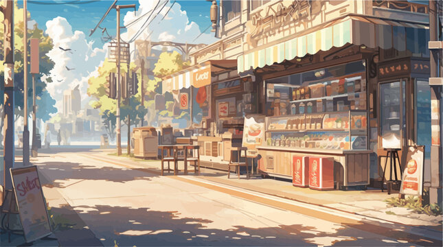 Sunny Street Corner with Cozy Cafe and Urban Background