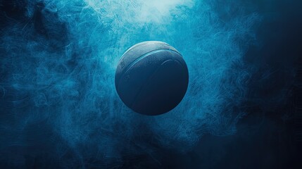 Editorial photo of a basketball ball. trending, award winning, blue tones, central composition, epic, cinematic, minimalistic, world cup championship, Generative Ai
