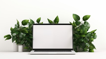 Laptop mockup with green leaves on white background .