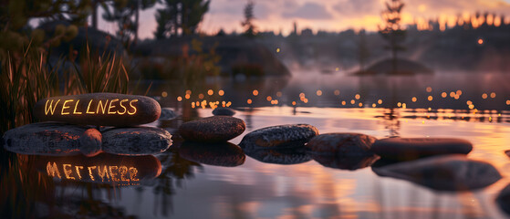Reflective Water and Stones at Twilight with Wellness Retreat Message