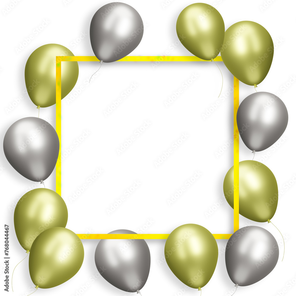 Aufkleber Golden frame with gold and silver balloons on white background. Empty space for text. 3d rendering