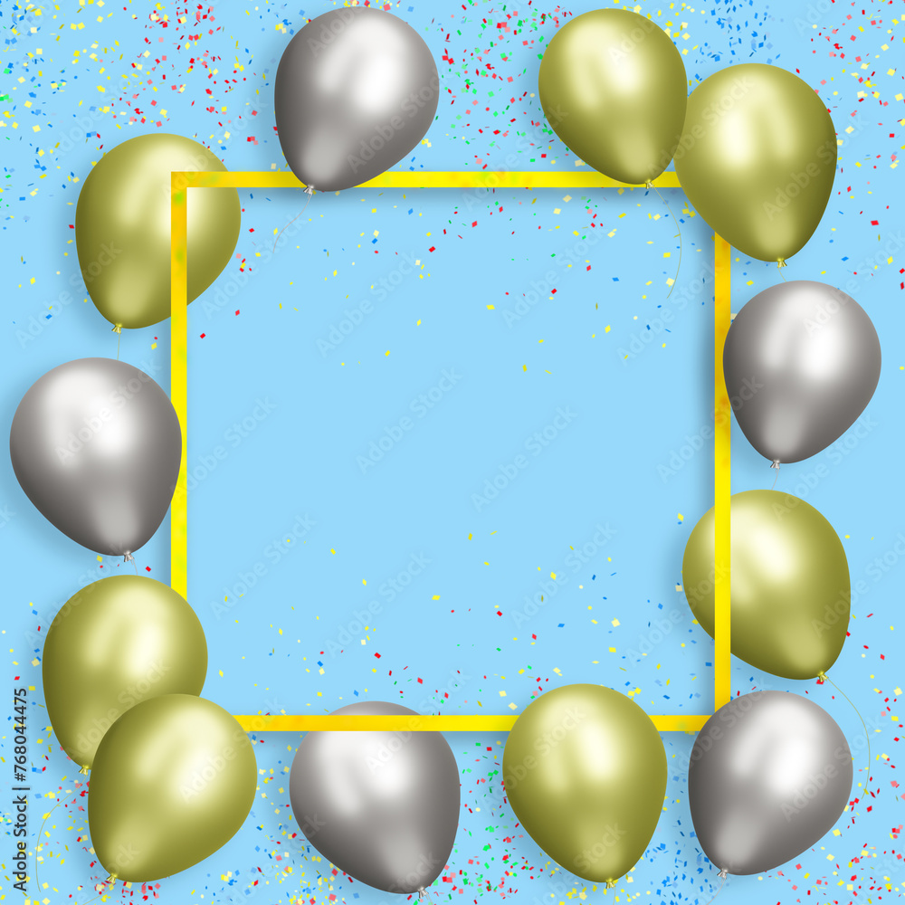 Aufkleber Golden frame with gold and silver balloons on blue background with confetti. Empty space for text. 3d rendering