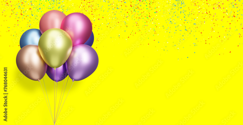 Poster Bunch of colorful balloons on yellow background with confetti. Empty space for text. 3d rendering
