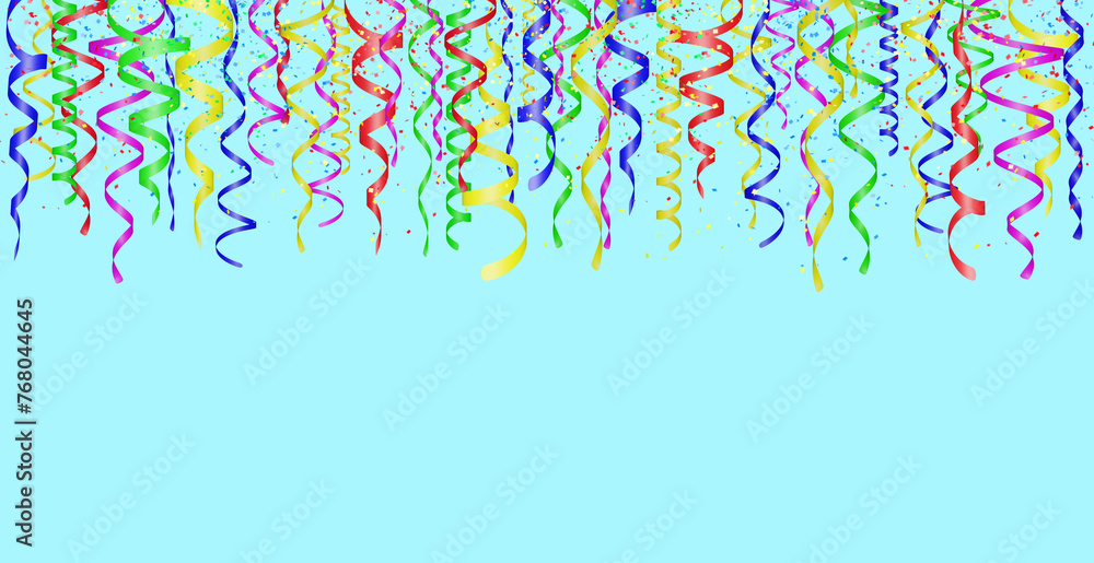 Aufkleber Falling confetti and curly colorful shiny streamer on blue background. Empty space for text