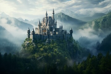 A majestic castle in a faraway land, surrounded by lush green forests and a mysterious fog - obrazy, fototapety, plakaty