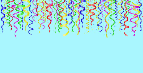 Falling confetti and curly colorful shiny streamer on blue background. Empty space for text